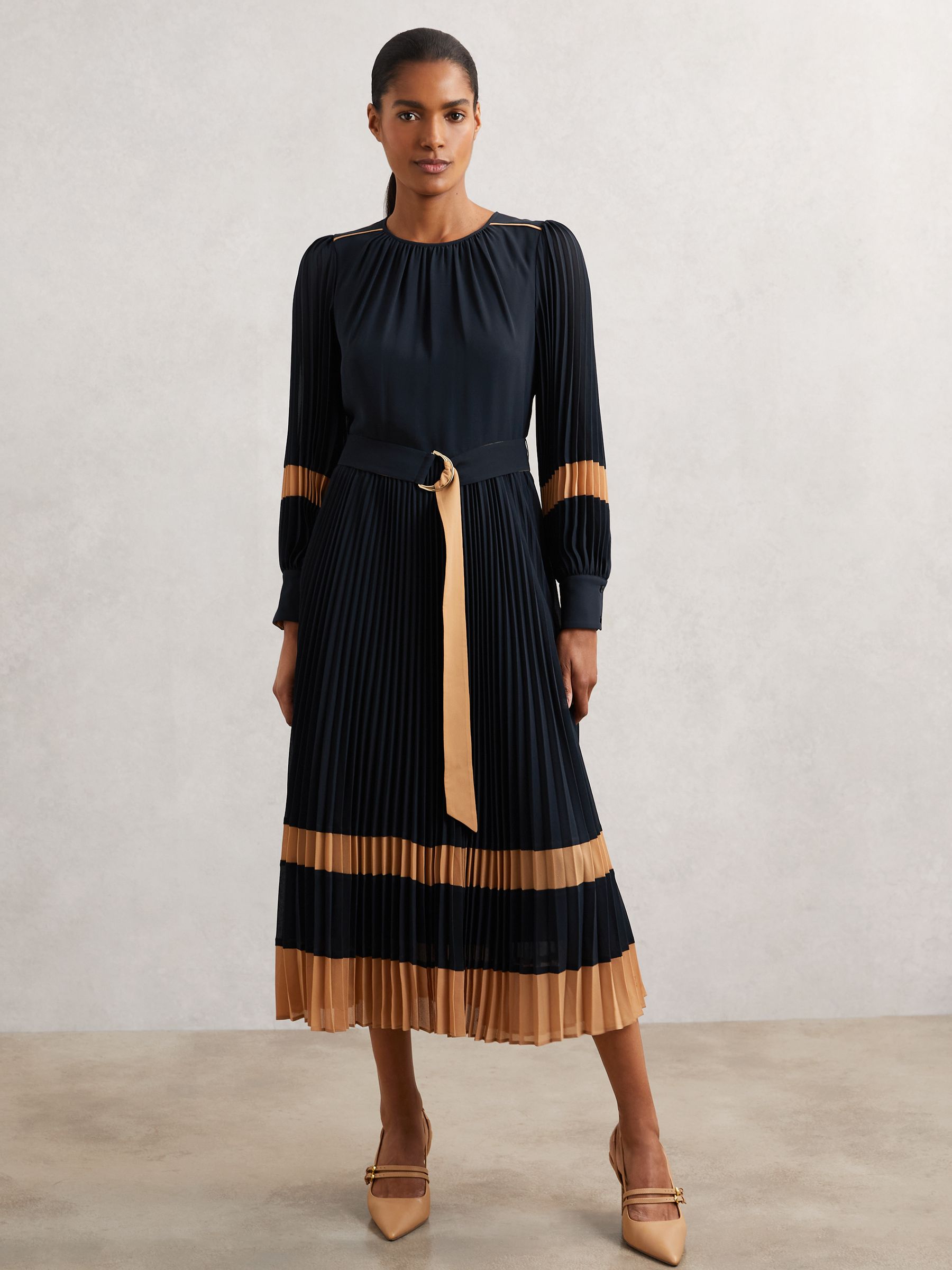 Buy Reiss Navy/Camel Tori Colour-Block Pleated Midi Dress from