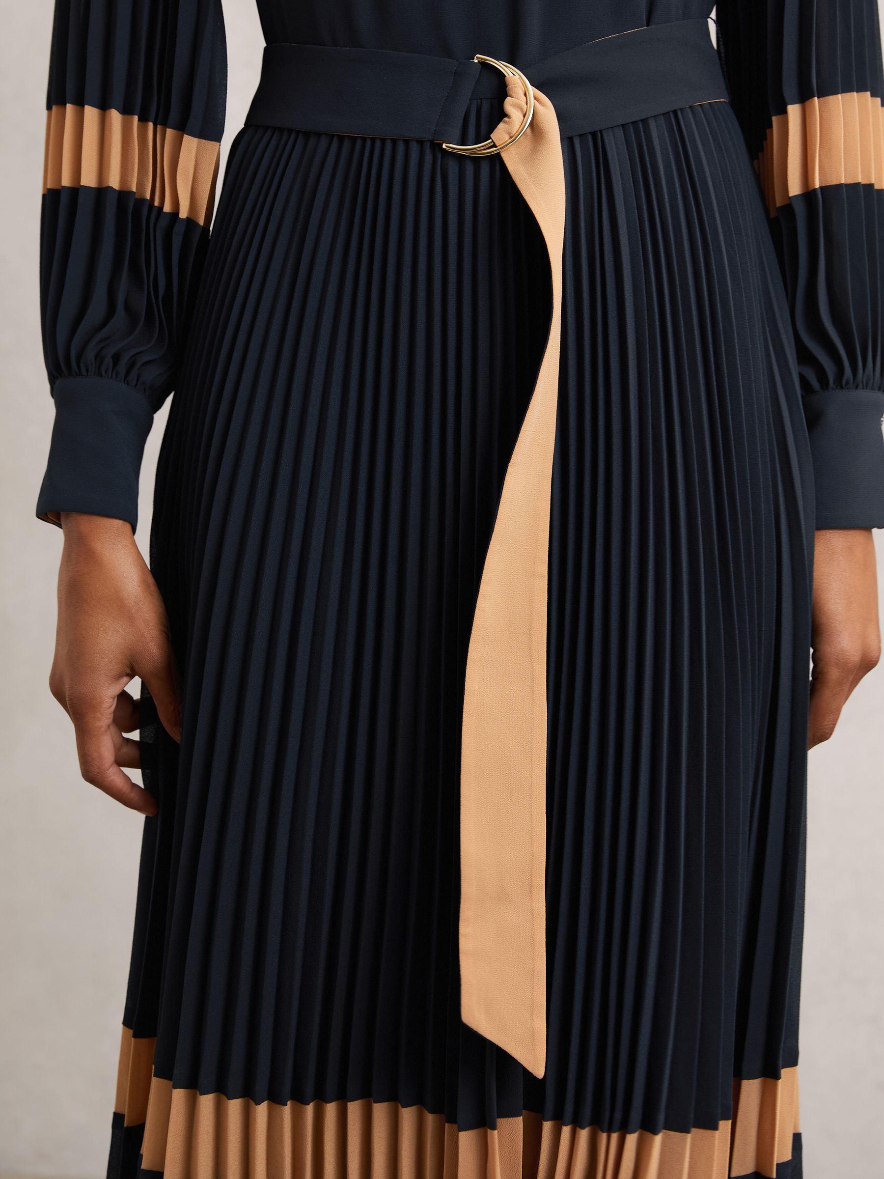 Buy Reiss Navy/Camel Tori Colour-Block Pleated Midi Dress from