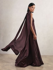 Reiss Burgundy Fae Satin Cape Maxi Dress - Image 1 of 7
