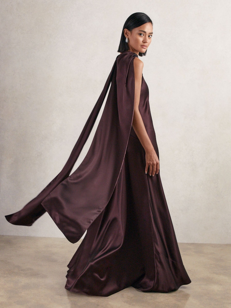 Reiss Burgundy Fae Satin Cape Maxi Dress - Image 1 of 7 Reiss Burgundy Fae Satin Cape Maxi Dress - Image 1 of 7