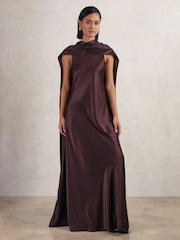 Reiss Burgundy Fae Satin Cape Maxi Dress - Image 3 of 7