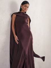 Reiss Burgundy Fae Satin Cape Maxi Dress - Image 4 of 7