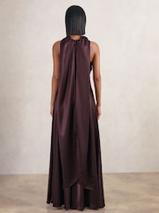 Reiss Burgundy Fae Satin Cape Maxi Dress - Image 5 of 7