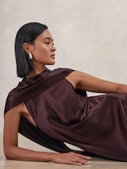 Reiss Burgundy Fae Satin Cape Maxi Dress - Image 6 of 7