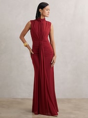 Reiss Dark Red Daniella Sheer Ruched Maxi Dress - Image 1 of 7