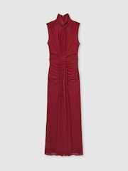 Reiss Dark Red Daniella Sheer Ruched Maxi Dress - Image 2 of 7