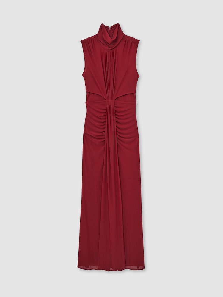 Reiss Dark Red Daniella Sheer Ruched Maxi Dress - Image 2 of 7 Reiss Dark Red Daniella Sheer Ruched Maxi Dress - Image 2 of 7