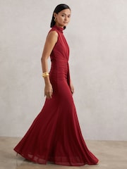 Reiss Dark Red Daniella Sheer Ruched Maxi Dress - Image 3 of 7