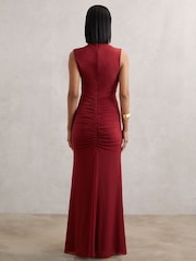 Reiss Dark Red Daniella Sheer Ruched Maxi Dress - Image 6 of 7