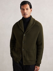 Reiss Dark Olive Green Cannon Shawl-Collar Cardigan With Wool - Image 1 of 6