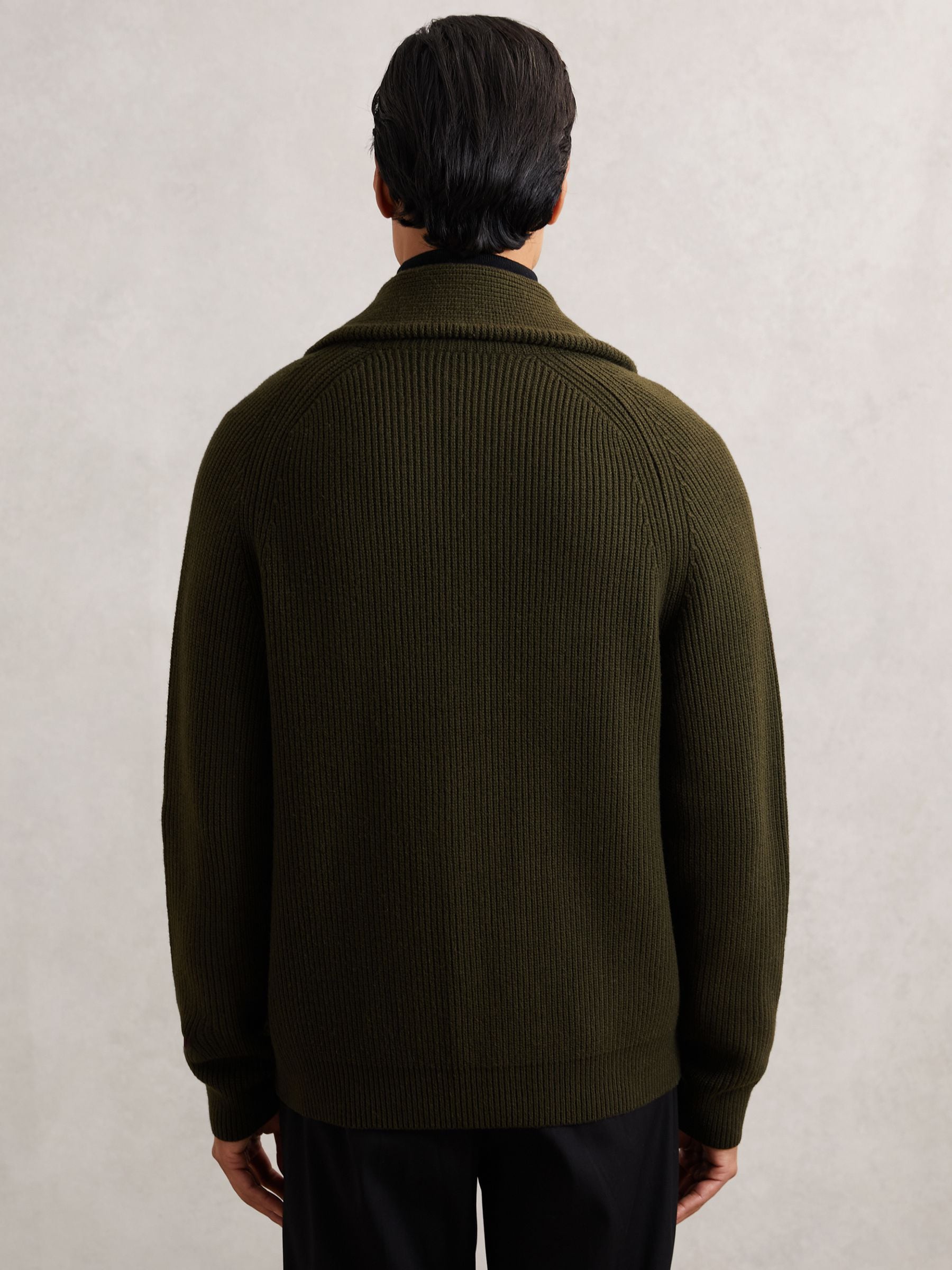 Buy Reiss Dark Olive Green Cannon Shawl-Collar Cardigan With Wool