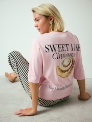 Pink Cinnamon Roll Graphic Relaxed Boxy Elbow Length Crew Neck T-Shirt - Image 1 of 9