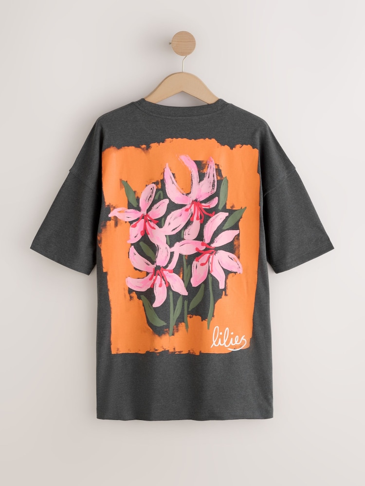 Charcoal Grey Graphic Floral Short Sleeve Crew Neck T-Shirt - Image 1 of 4