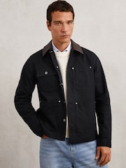 Azul añil - Reiss Clapper Denim Leather-Collar Worker Jacket - Imagen 1 de 7