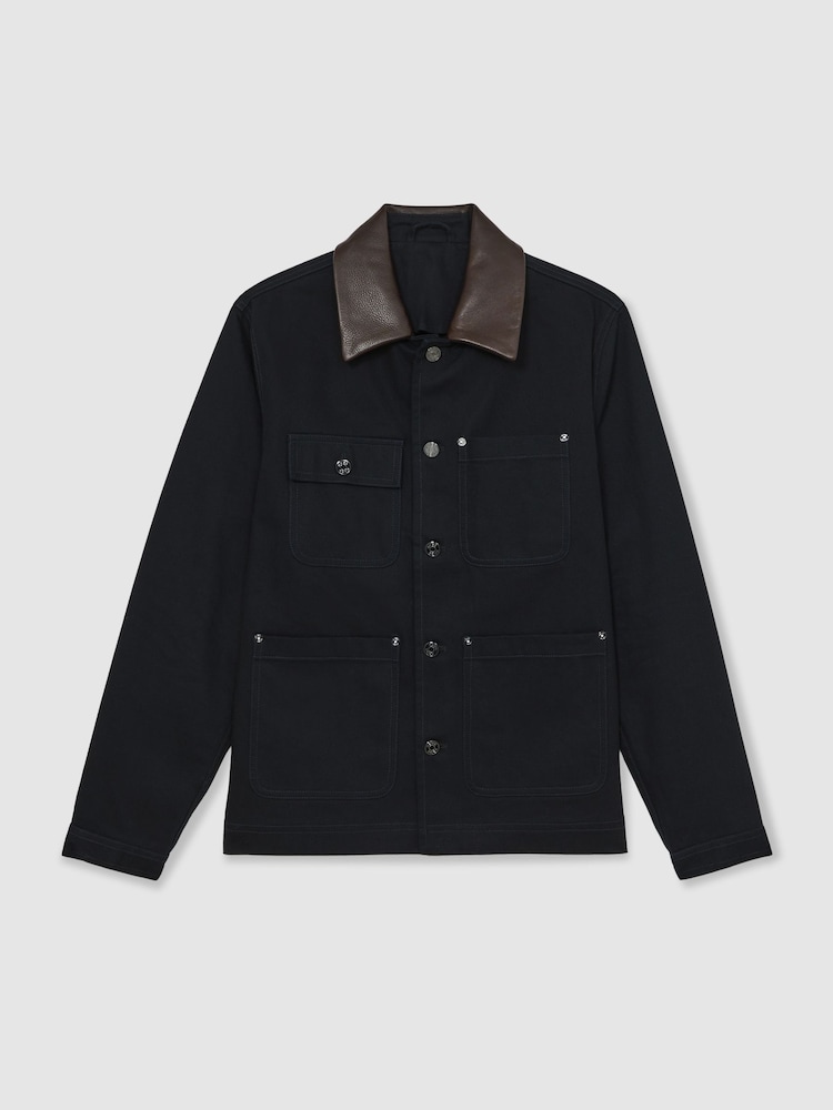Azul añil - Reiss Clapper Denim Leather-Collar Worker Jacket - Imagen 2 de 7