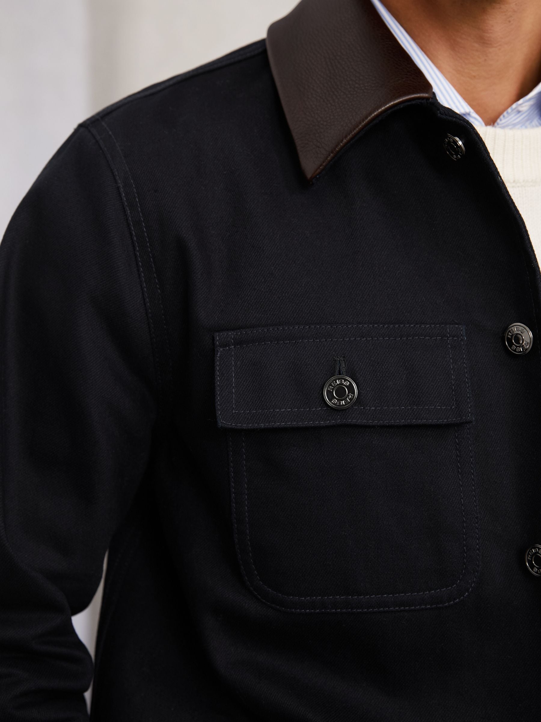 Buy Reiss Indigo Blue Clapper Denim Leather-Collar Worker Jacket