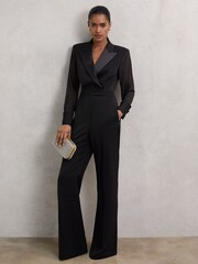 Reiss Black Perla Sheer-Sleeve Tuxedo Jumpsuit - Image 1 of 6