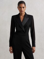 Reiss Black Perla Sheer-Sleeve Tuxedo Jumpsuit - Image 3 of 6