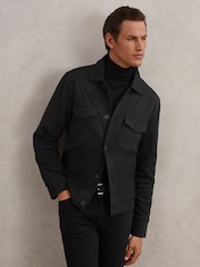 Reiss Black Finley Twill Twin-Pocket Overshirt - Image 1 of 6
