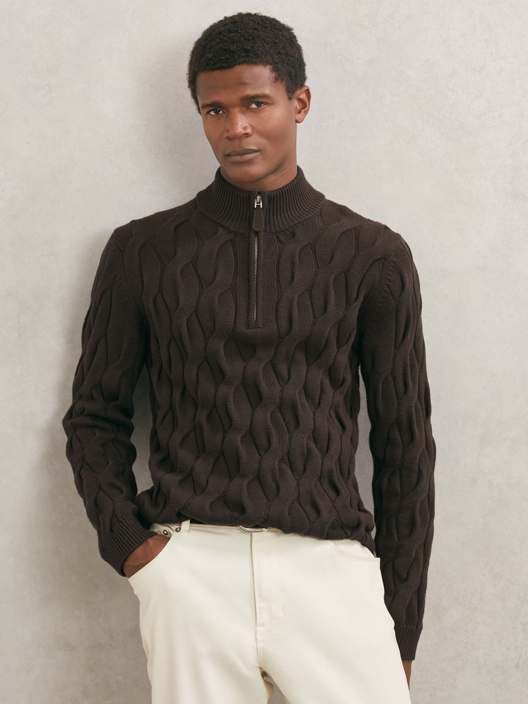 Buy Reiss Chocolate Brown Greenford Half-Zip Cable-Knit Jumper
