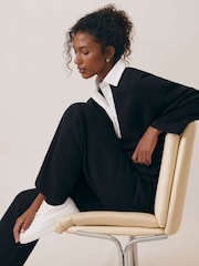 Reiss Black/White Gaia Cotton Blend Interlock Wide Leg Joggers - Image 1 of 6