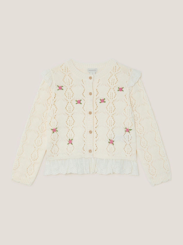 Monsoon Natural Embroidered Frill Pointelle Cardigan - Image 1 of 3