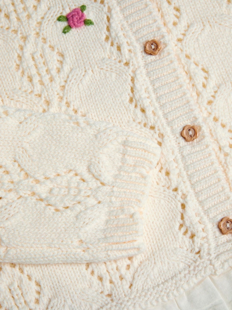 Monsoon Natural Embroidered Frill Pointelle Cardigan - Image 3 of 3