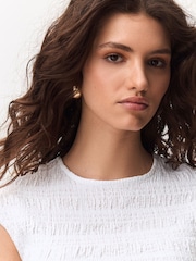 White Short Sleeve Shirred Textured Crew Neck Top - Image 6 of 9