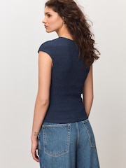 Navy Blue Short Sleeve Shirred Textured Crew Neck Top - Image 5 of 7