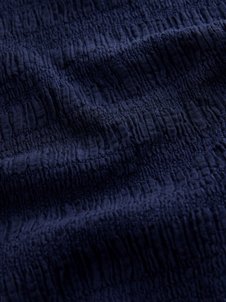 Navy Blue Short Sleeve Shirred Textured Crew Neck Top - Image 7 of 7