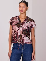 Roze met palmboomprint - V-Neck Short Sleeved Tie Waist Top - Afbeelding 1 van 9
