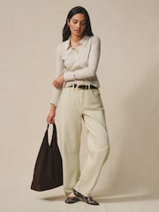 Ecru - Geripptes Langarm-Poloshirt mit Knopfleiste - Bild 3 von 7