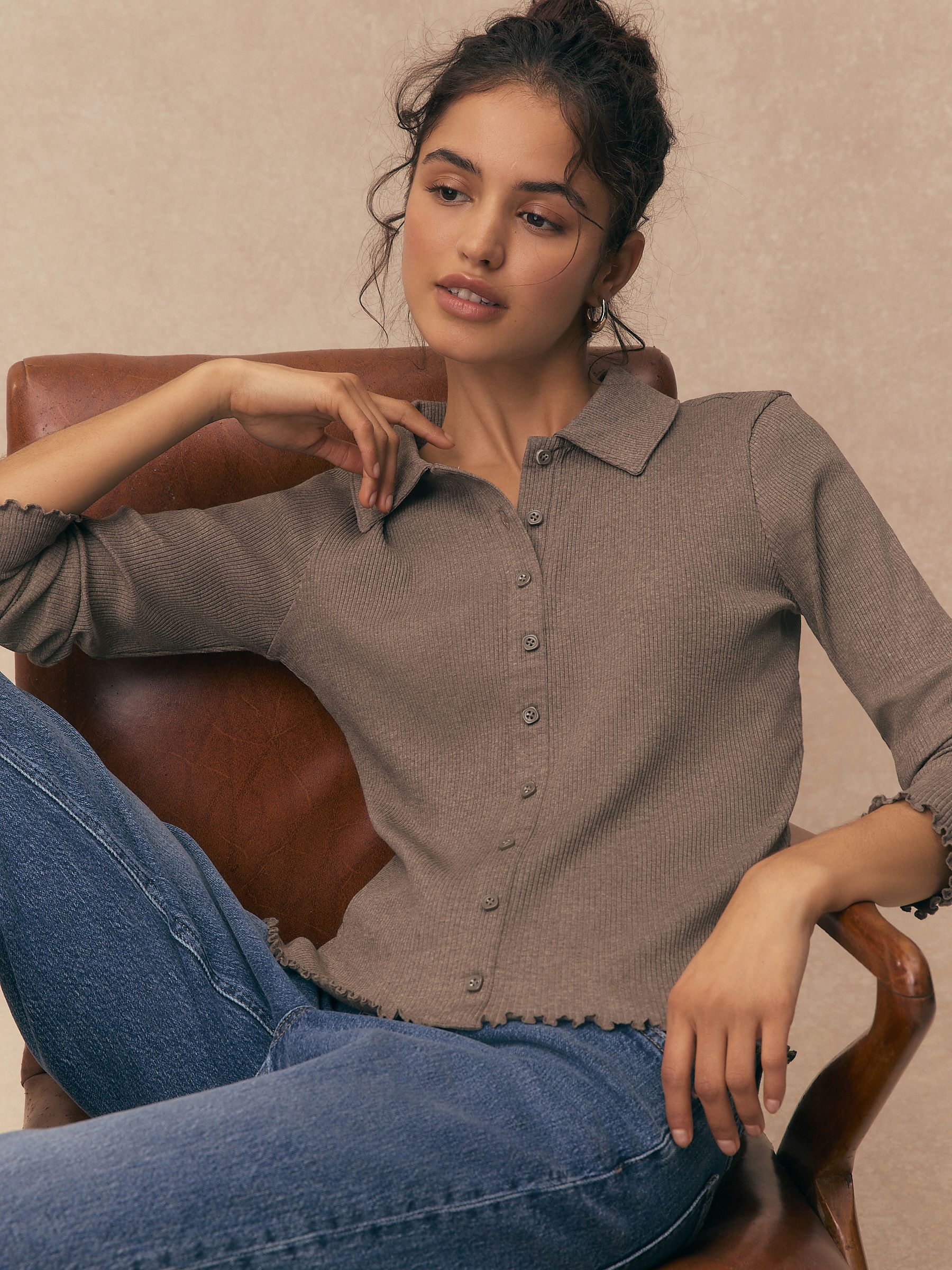 Taupe Ribbed Long Sleeve Button Through Polo Shirt