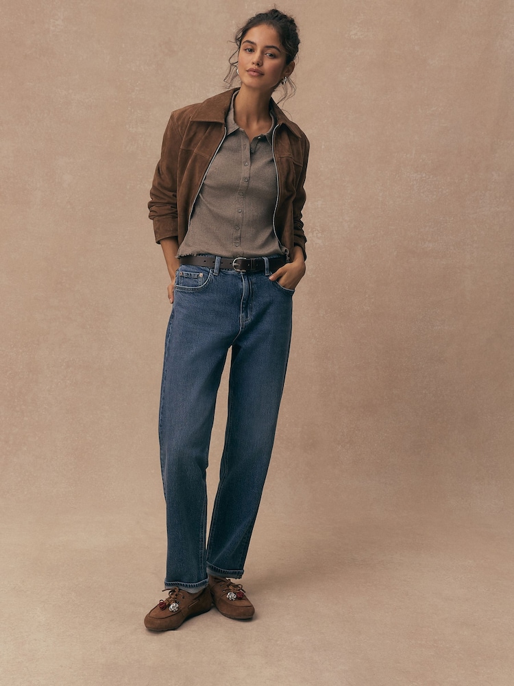 Topo - Ribbed Long Sleeve Button Through Polo Shirt - Imagen 2 de 9