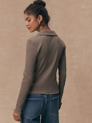 Topo - Ribbed Long Sleeve Button Through Polo Shirt - Imagen 4 de 9