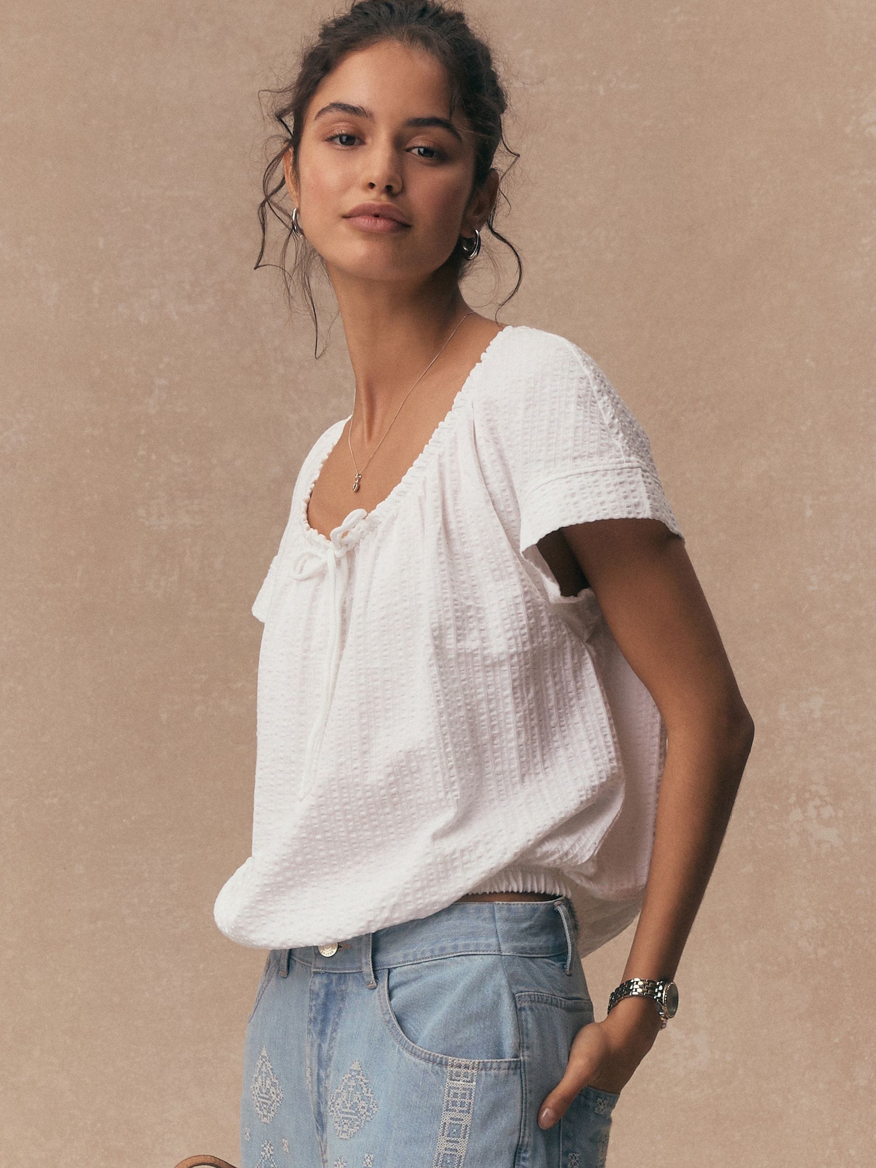 Buy White Short Sleeve Bubblehem Scoop Neck T-Shirt from the Next