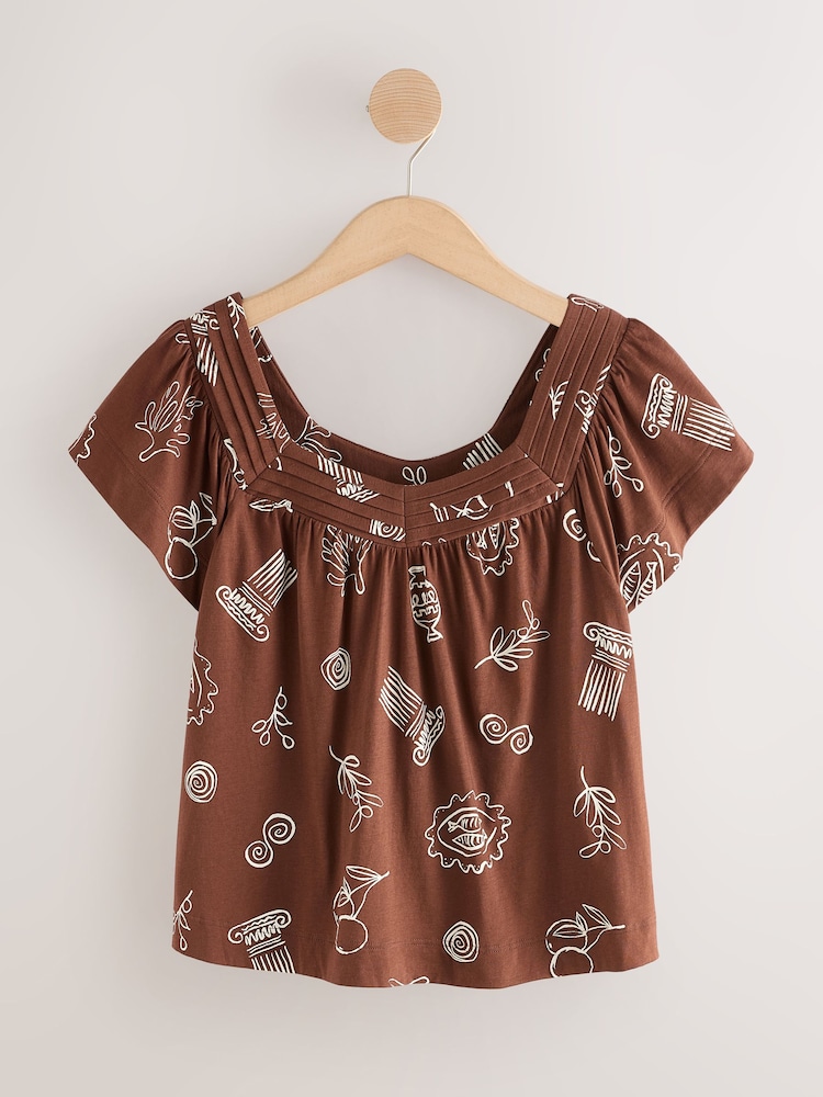Chocolate Brown Vase Print Short Sleeved Square Neck Top - Image 1 of 3 Chocolate Brown Vase Print Short Sleeved Square Neck Top - Image 1 of 3