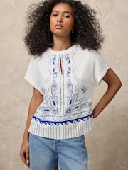 Ecru/Blue Wave Print Short Sleeve Keyhole Crew Neck Top - Image 1 of 8