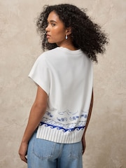 Ecru/Blue Wave Print Short Sleeve Keyhole Crew Neck Top - Image 3 of 8