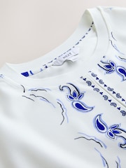 Ecru/Blue Wave Print Short Sleeve Keyhole Crew Neck Top - Image 7 of 8