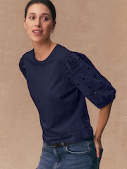Navy Blue Broderie Sleeve Crew Neck T-Shirt - Image 1 of 6