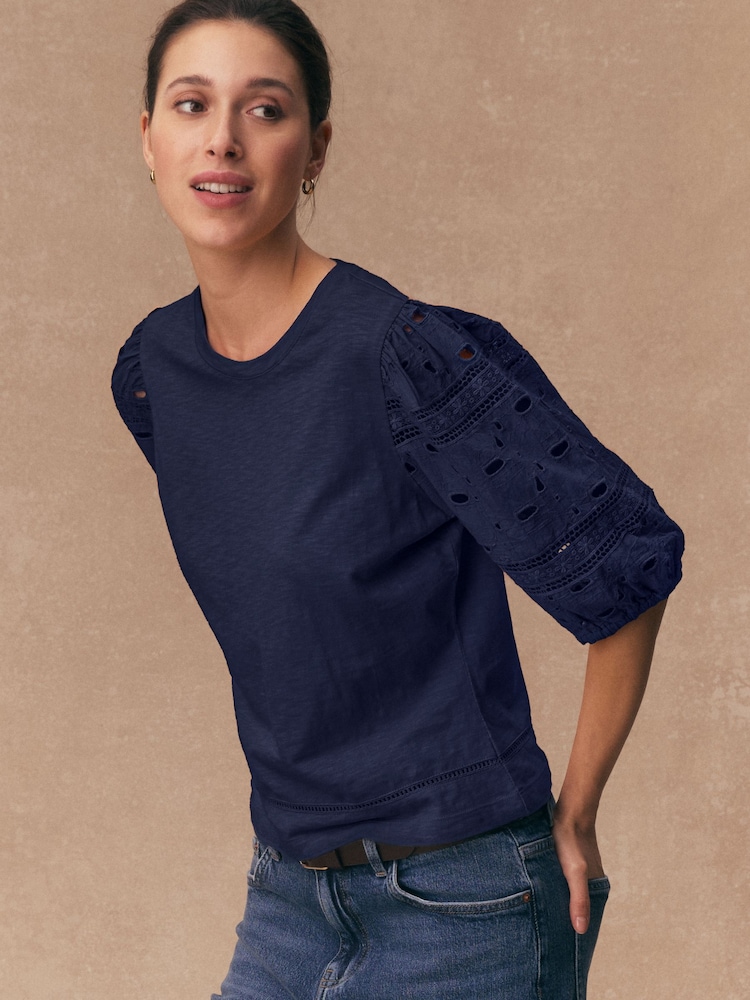 Navy Blue Broderie Sleeve Crew Neck T-Shirt - Image 1 of 6