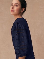 Navy Blue Broderie Sleeve Crew Neck T-Shirt - Image 2 of 6