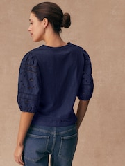 Navy Blue Broderie Sleeve Crew Neck T-Shirt - Image 3 of 6