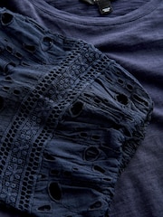 Navy Blue Broderie Sleeve Crew Neck T-Shirt - Image 6 of 6