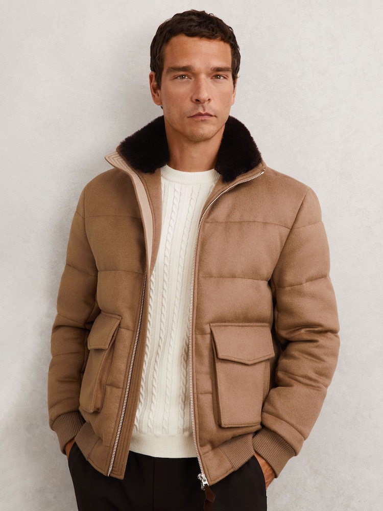 Reiss Light Brown Gerald Faux-Fur Collar Quilted Puffer Jacket - Image 1 of 7