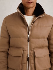 Reiss Light Brown Gerald Faux-Fur Collar Quilted Puffer Jacket - Image 5 of 7