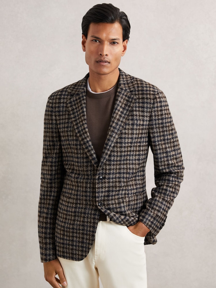 Reiss Brown Brazanati Wool-Blend Dogtooth Check Blazer - Image 1 of 7