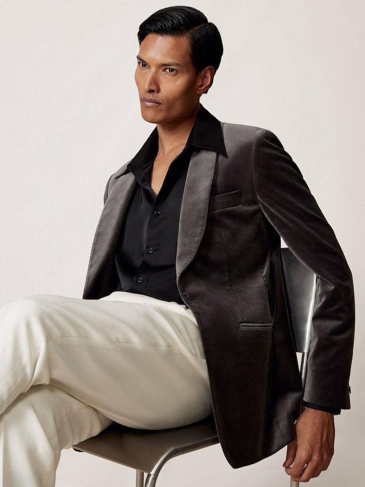 Reiss Grey Mount Single-Breasted Velvet Blazer Regular-Fit - Image 1 of 8 Reiss Grey Mount Single-Breasted Velvet Blazer Regular-Fit - Image 1 of 8