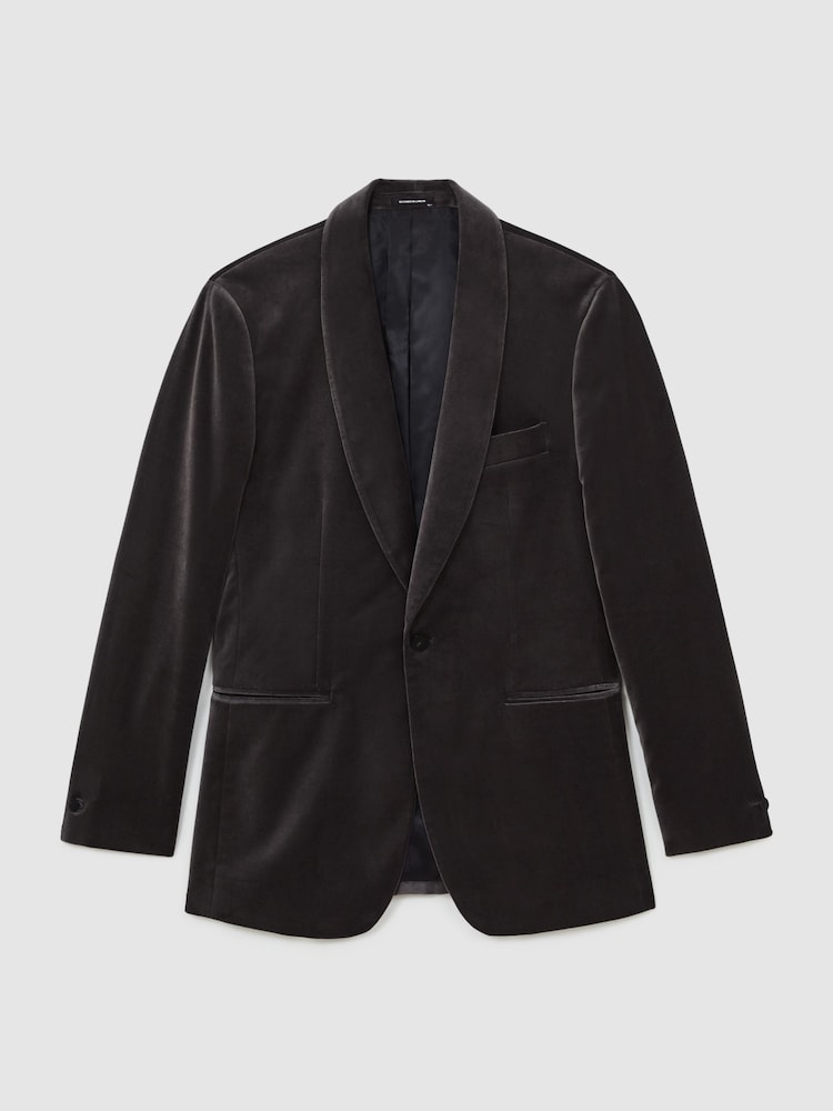 Reiss Grey Mount Single-Breasted Velvet Blazer Regular-Fit - Image 2 of 8 Reiss Grey Mount Single-Breasted Velvet Blazer Regular-Fit - Image 2 of 8